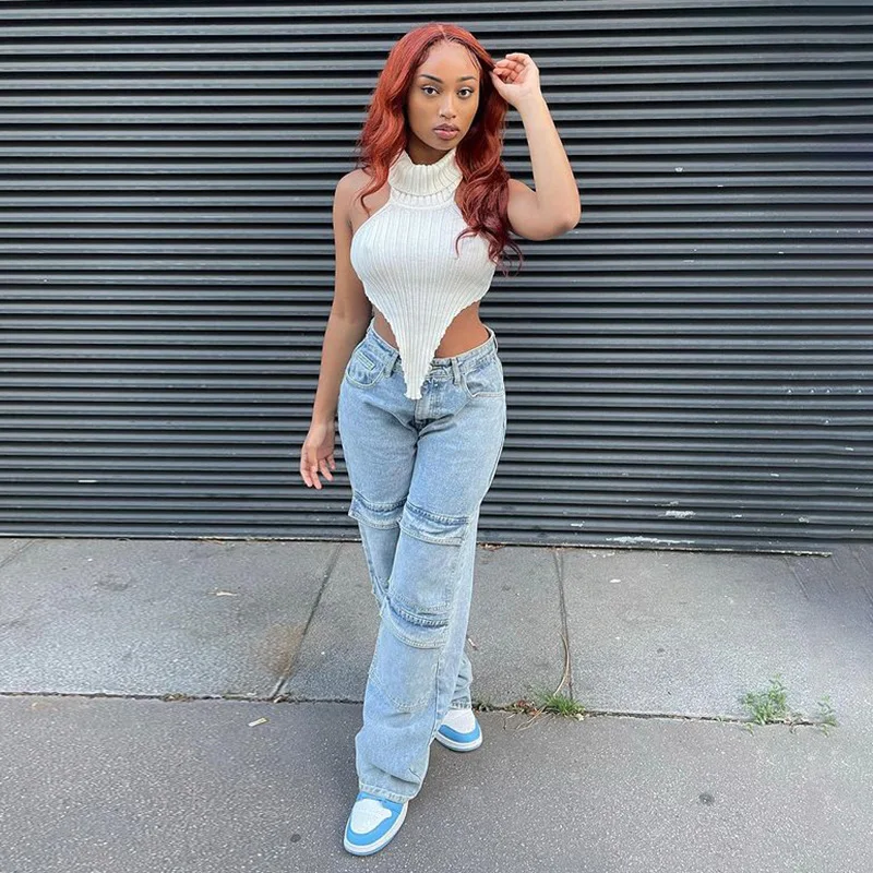 

Women Jeans Zip Up Straight Patchwork Pants Light Blue Streetwear Women Clothes