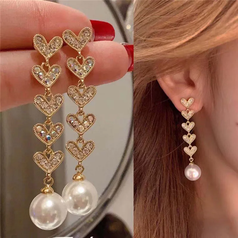 

2022 New Trendy Imitation Pearl Love Heart Earrings For Women French Luxury Crystal CZ Wedding Earrings Korean Fashion Jewelry