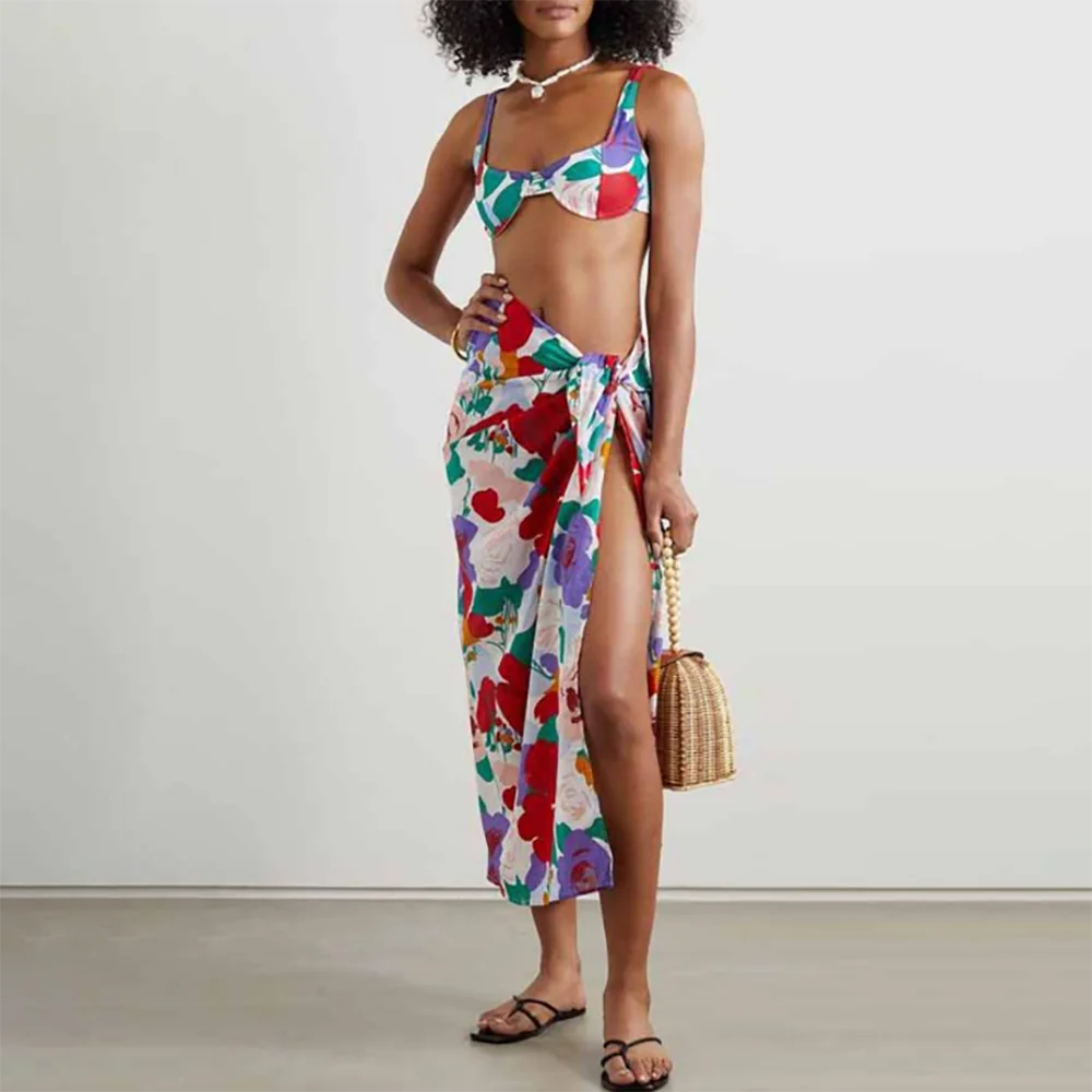 

Colorblock Floral Two Piece Swimsuit High Waist Pull Up Back Bikini and Print Skirt Fashion 2022 Beach Skirt