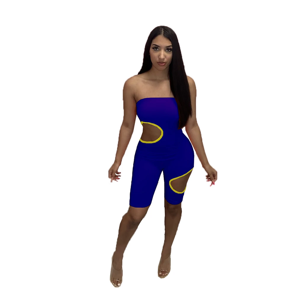 Fashion Color Matching Skinny Rompers For Women Hole High Elastic Breast Wrap Tops Shorts Sexy Yoga Casual Jumpsuits MN8355