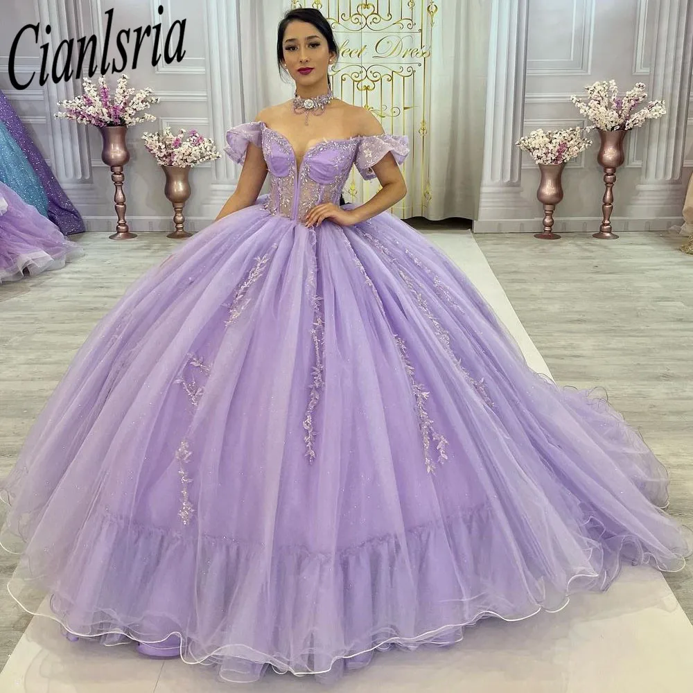 Lilac Quinceanera Dresses Ball Gown Puffy Tulle Lace Appliques Beading 2022 New Sweet 16 Dresses Party Prom Gowns