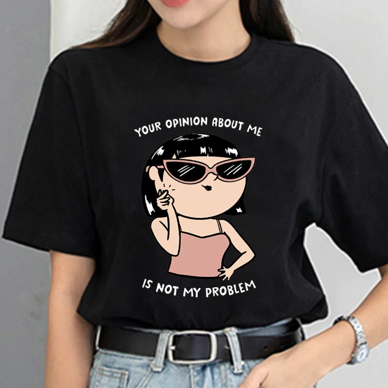 

Fashion women's street Kawaii Anime printed cotton high quality T-shirt Ladies White My Problem Half loose Short sleeve Tees Top