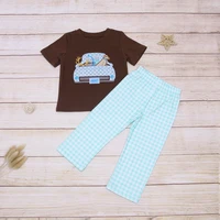 factory outlet fashionable baby clothes set for fall sky dark brown dog car t shirts matching blue lattice long pants kids suit