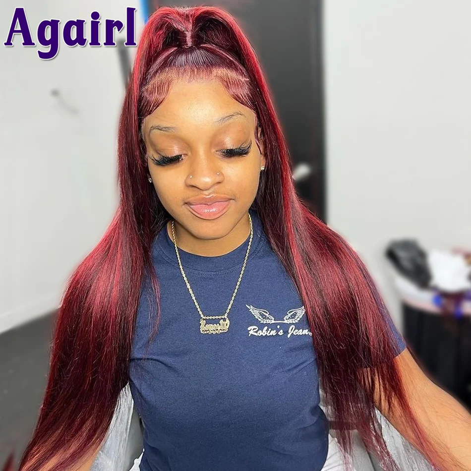 5x5 Lace Closure Wig Dark Burgundy with Red Straight Lace Frontal Wig Transparent 13X6 Lace Front Human Hair Wigs for Women 180%