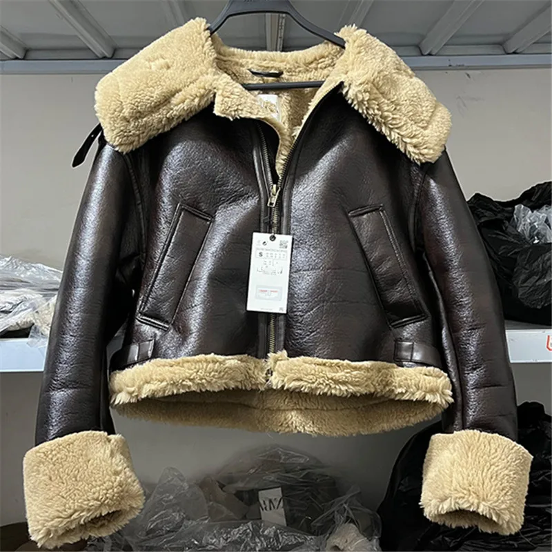 

PB&ZA autumn and winter new American retro brown motorcycle thickened fur one-piece faux fur effect jacket 2969/047