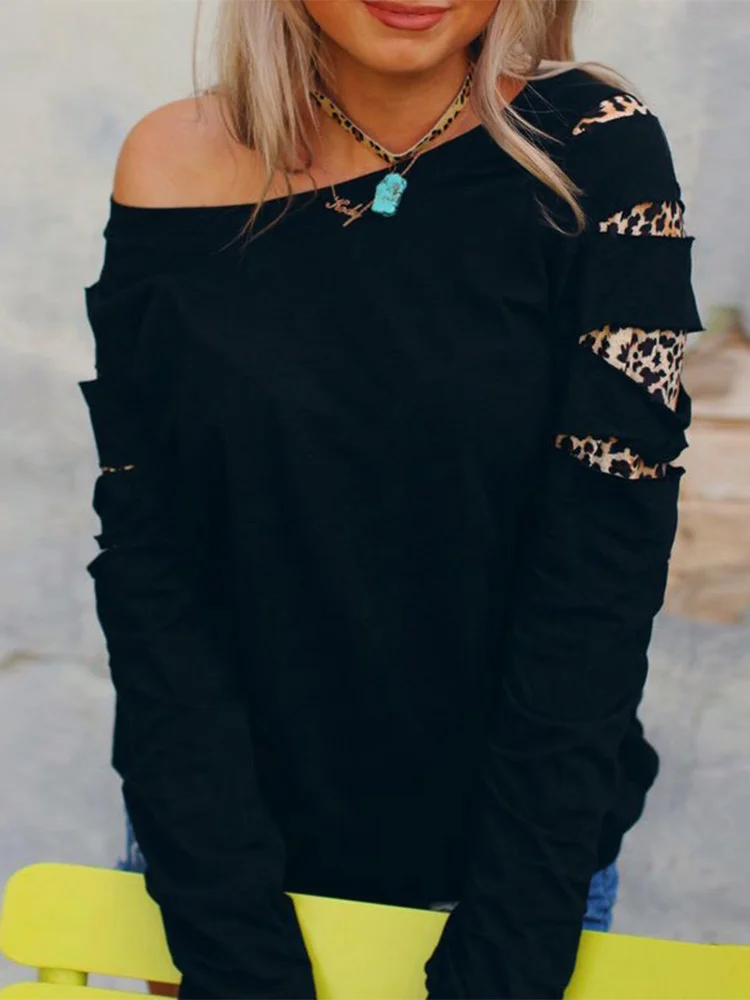 

One Shoulder Sweatshirt for Women Casual Long Sleeve Tops Leopard Spicling Loose Blouse Trendy Comfy Pullovers Black 2022