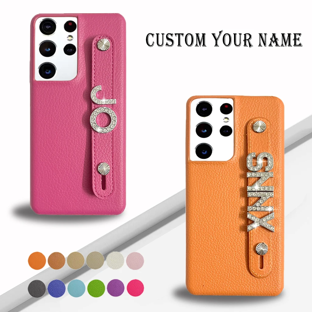 

Luxury Custom Initial Name Real Leather Phone Case For Samsung S20 21 22 plus ultra FE U Note 20U