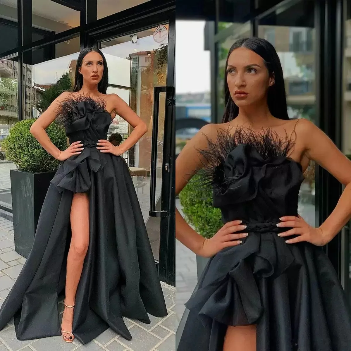 

Black Prom Dresses 2022 Strapless Satin Feather A Line High Split Evening Dress Custom Made Sweep Train Formal Party Gowns