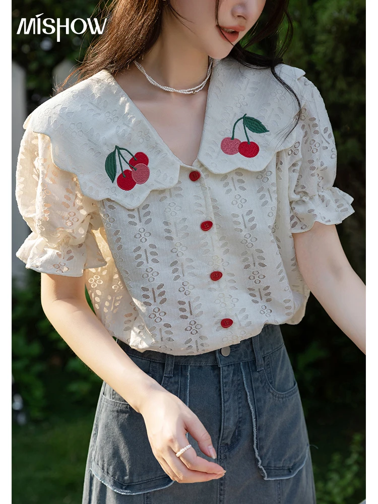

MISHOW 2022 Women Fashion Blouses 2022 Doll Collar Short Sleeves Lace Shirts French Embroidery Single-breasted Tops MXB25C0390