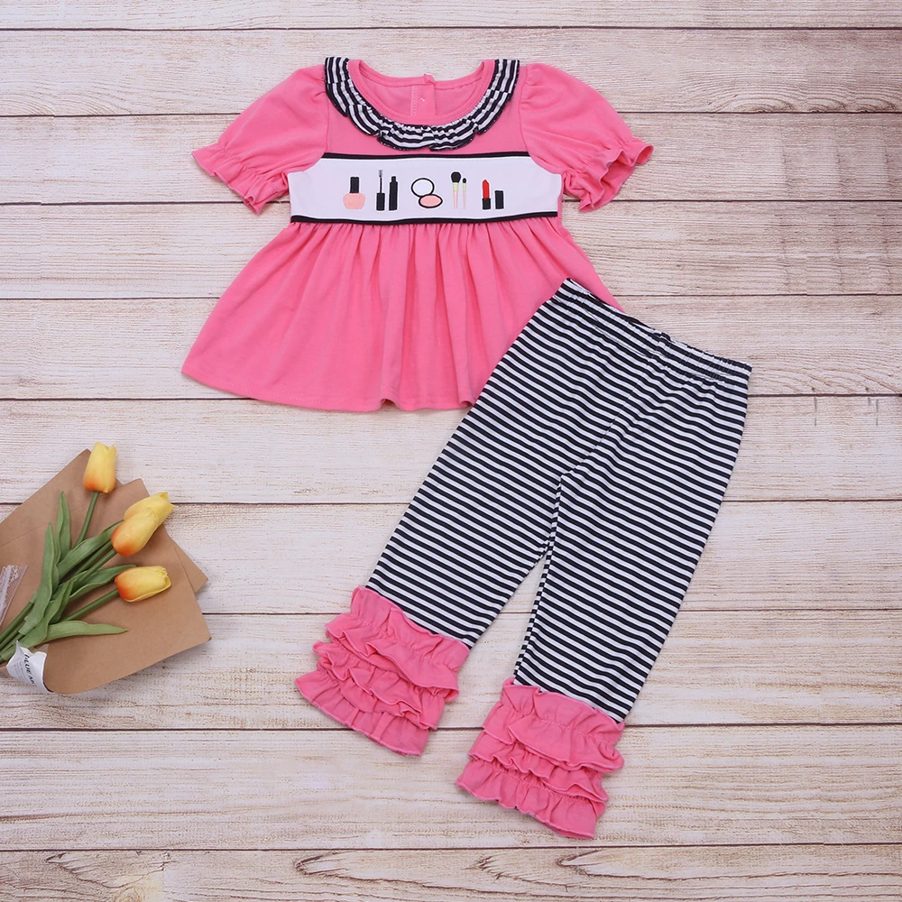 

Four Season Baby Girl Clothes Set Kids Cosmetic Embroidery Bodysuit Long Sleeve Stripe Pants Outfits Suit For 1-8T Babi Girls