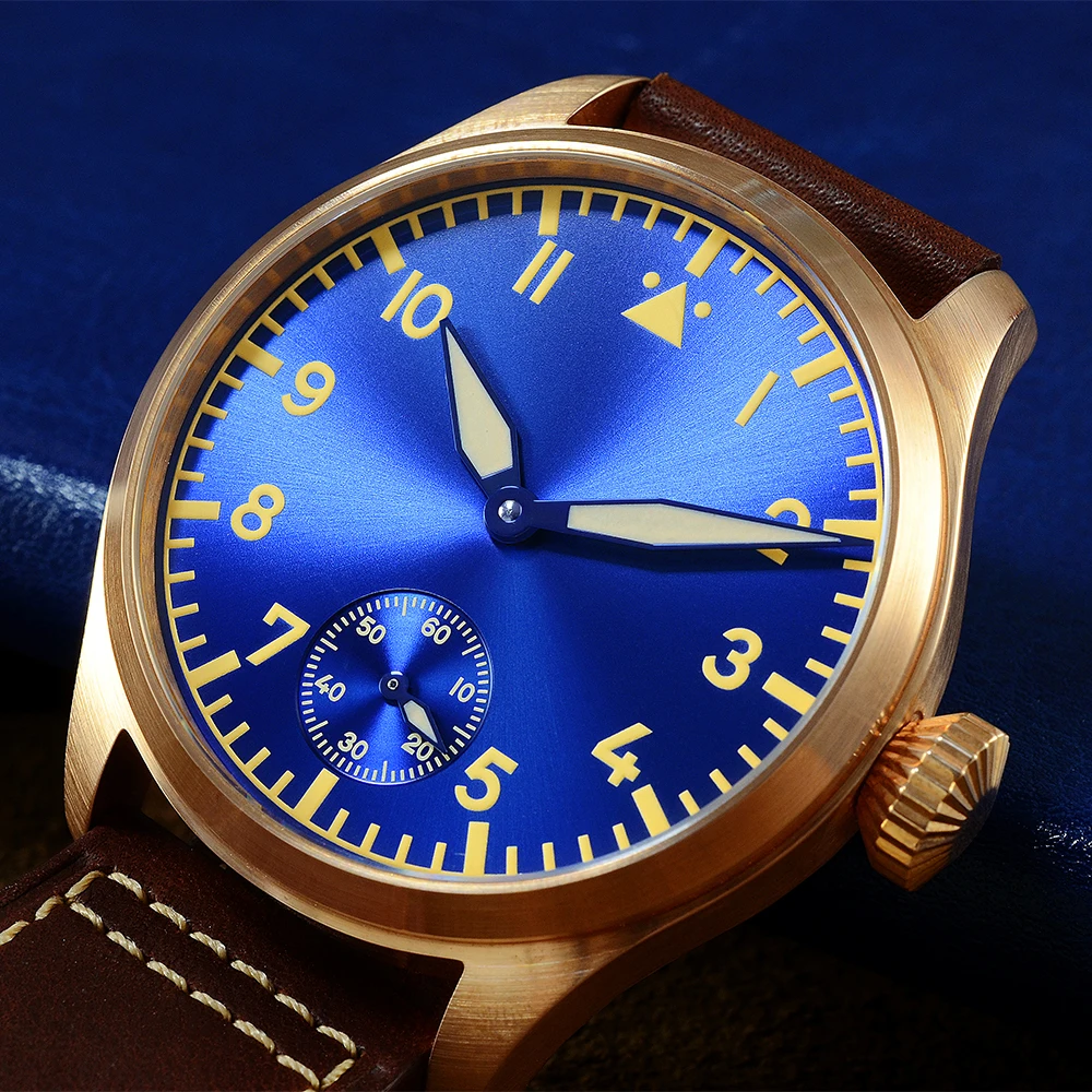 Pаспродажа Мужские часы San Martin Bronze Pilot 44 мм, механические часы с сапфировым кожаным ремешком, светящийся водостойкий прозрачный чехол на заднюю панель