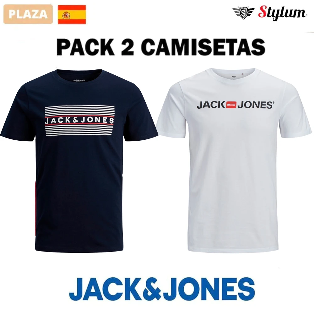 Jack & Jones mens Pack 2 T-shirts, 100% cotton thin ideal summer, Classic series Logo print fashion Casual FIT SLIM FIT-shipping from Spain