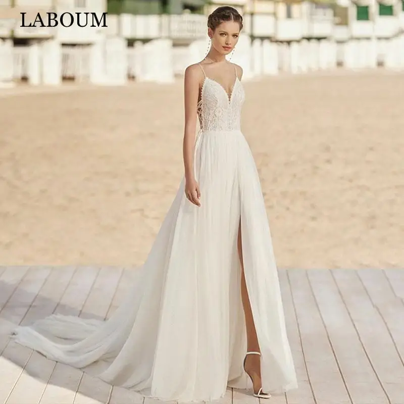 

LaBoum Spaghetti Straps V Neck Wedding Dresses For Women 2023 Modern Lace Bridal Gown Backless Sweep Train Robe De Marié Custom
