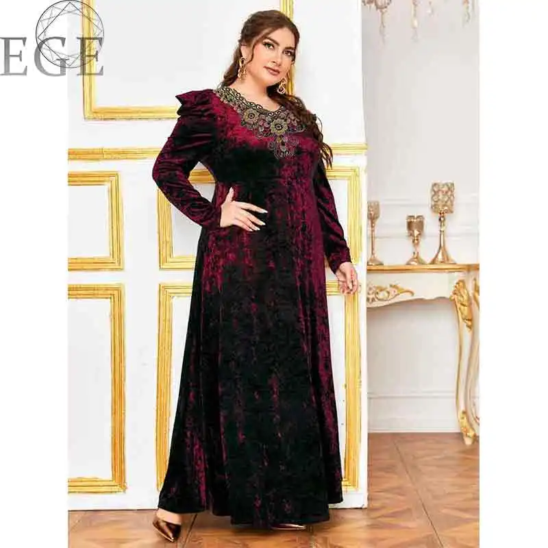 2022 New Fall Winter Plus Size Velvet Elegant 4XL5XL Round Neck Long Sleeve Dress Luxury MIDI Loose Dress Plus Size Women's