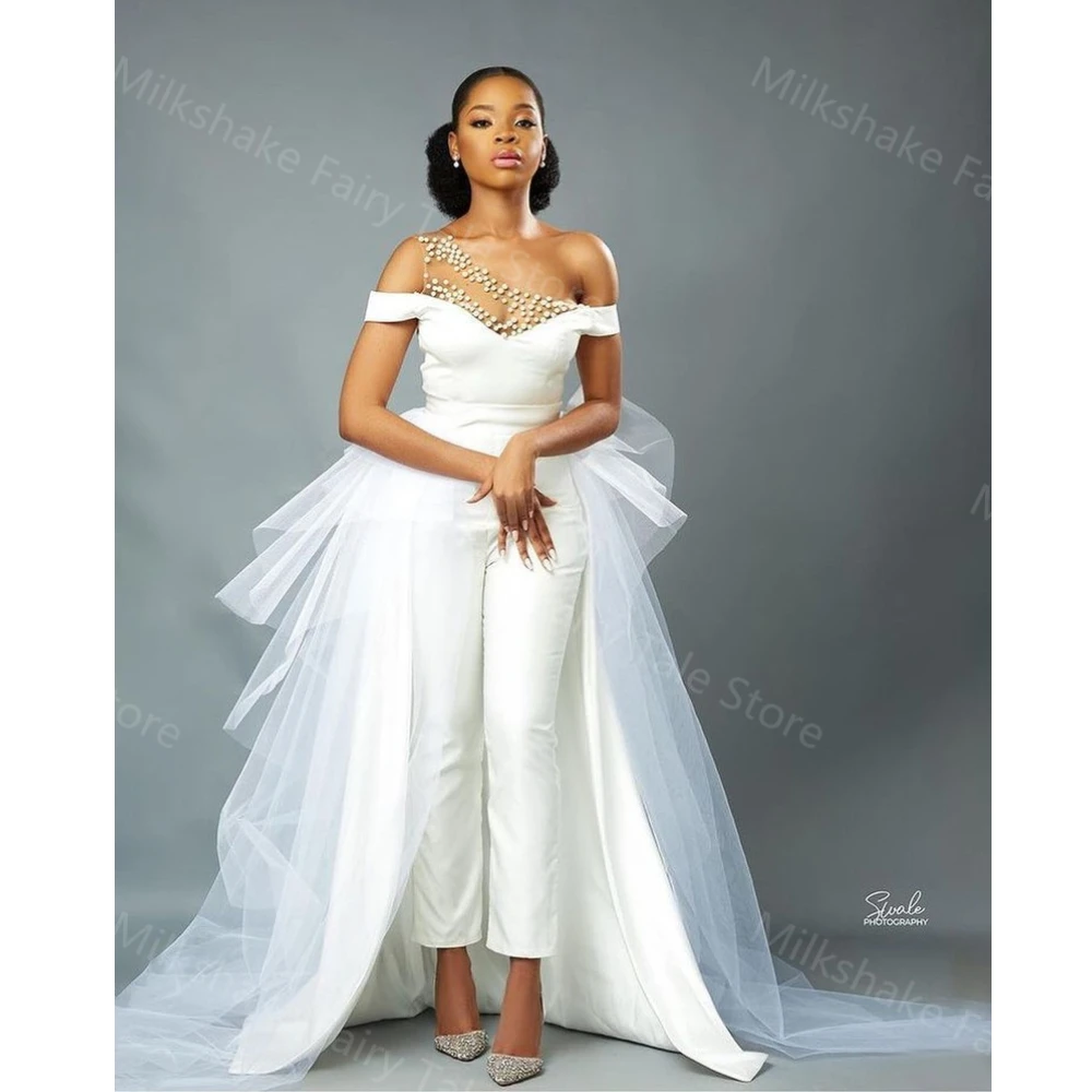 

African White Wedding Jumpsuit Beads Off The Shoulder Bridal Gowns with Sweep Train Sexy Sheer Neck Party vestido de novia