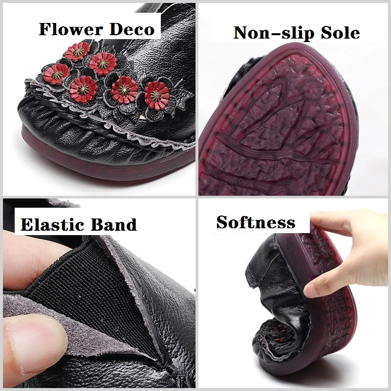Top Quality Real Leather Shoes Women's Ballet Flats Floral Moccasins Ladies Vintage Luxury Loafer Waterproof Wide Fit Chic Shoes