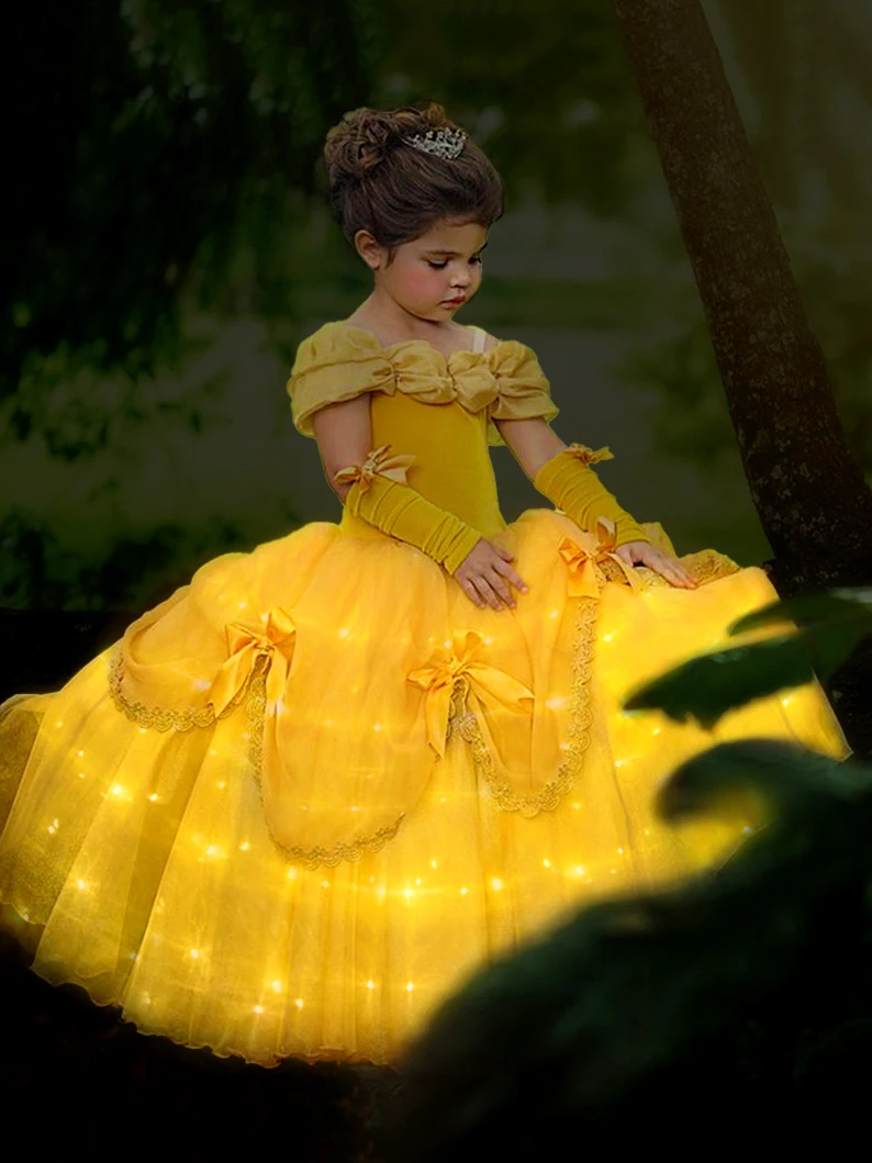Uporpor LED Girls Beauty and the Beast Cosplay Princess Dress For Kids Halloween Carnival Children Christmas Belle Clothes Dress