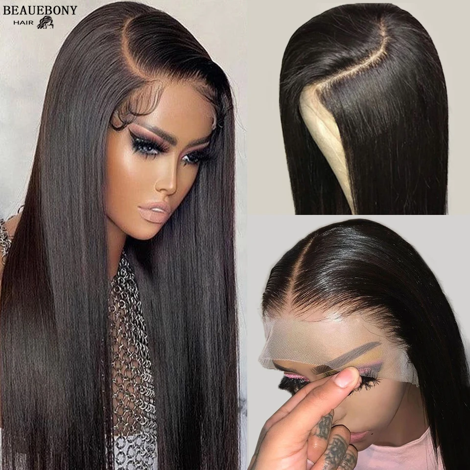 

13x4 Side Middle Free Part Synthetic Lace Front Wig Pre Plucked Black Wig Bone Straight Lace Front Wig 180% Transparent Lace Wig