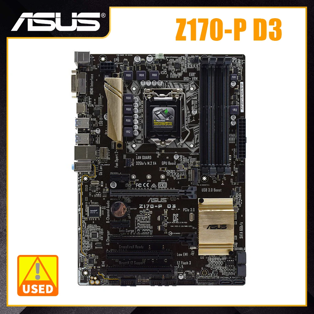 

Материнская плата ASUS Z170-P D3 1151, материнская плата DDR3 32 Гб 2133 МГц Intel Z170 с поддержкой Core i7 i5 i3 процессоры PCI-E 3,0 M.2 SATA3 DVI HDMI