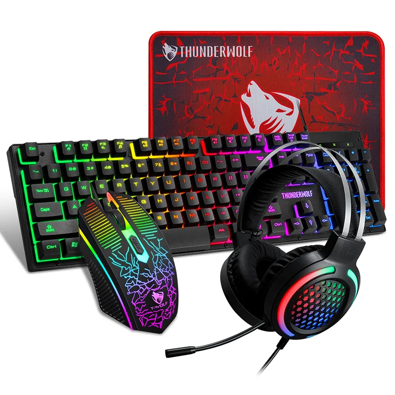 Glow Game 4 Sets Keyboard Mouse Earphone RGB Keyboard PC Gaming Mouse Computer Accessories Noise Canceling Headset For Gamer