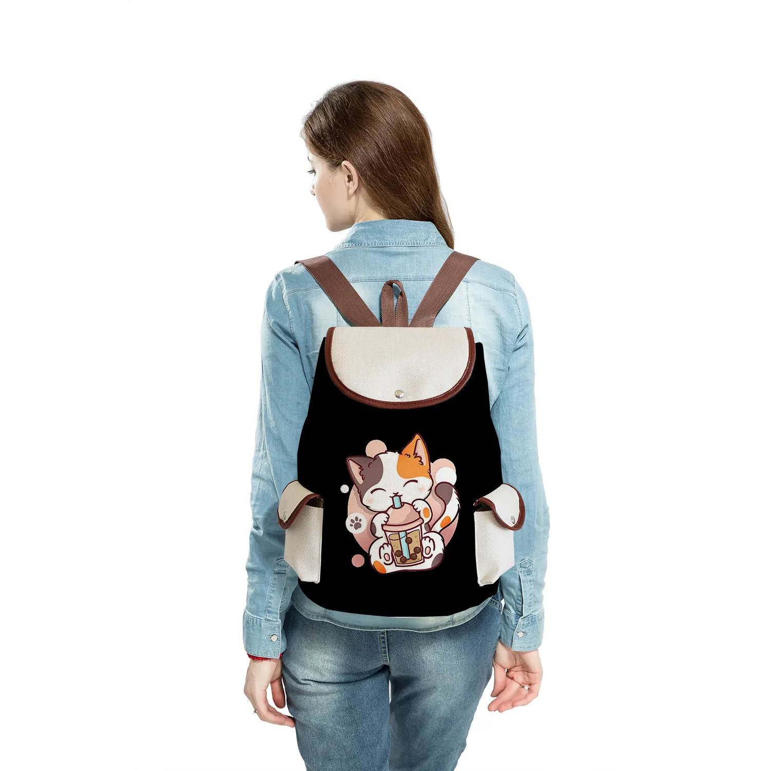 Рюкзак женский школьный большой вместимости с принтом молочный чай |