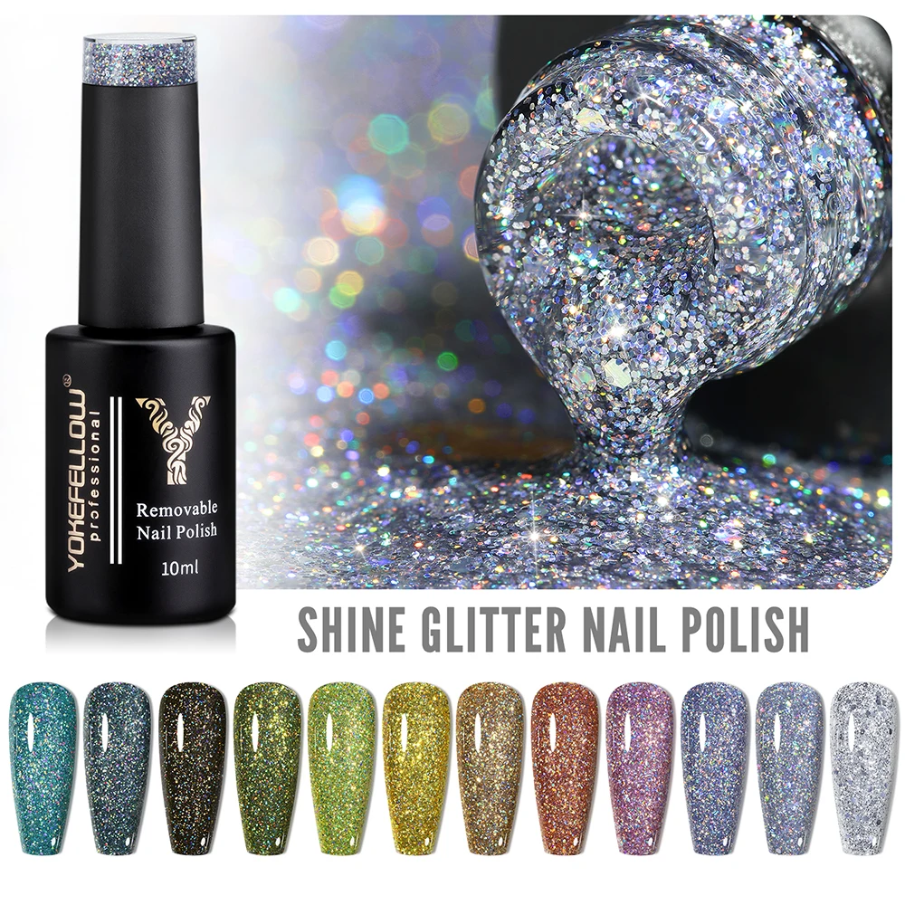 YOKEFELLOW 10ml Gray Blue Reflective Gel Nail Polish Base Top Coat Soak Off UV LED Gel Nail Art Varnish Manicure Nail Gel Bottle