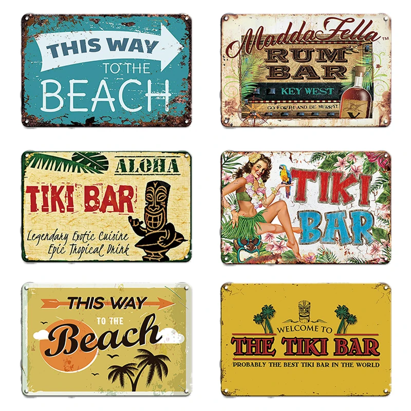 Vintage Style TIKI Bar Beach Metal Tin Sign Hawaii Vintage Plaque Metal Poster Decorative for Bar Pub Beach Club Wall Decor