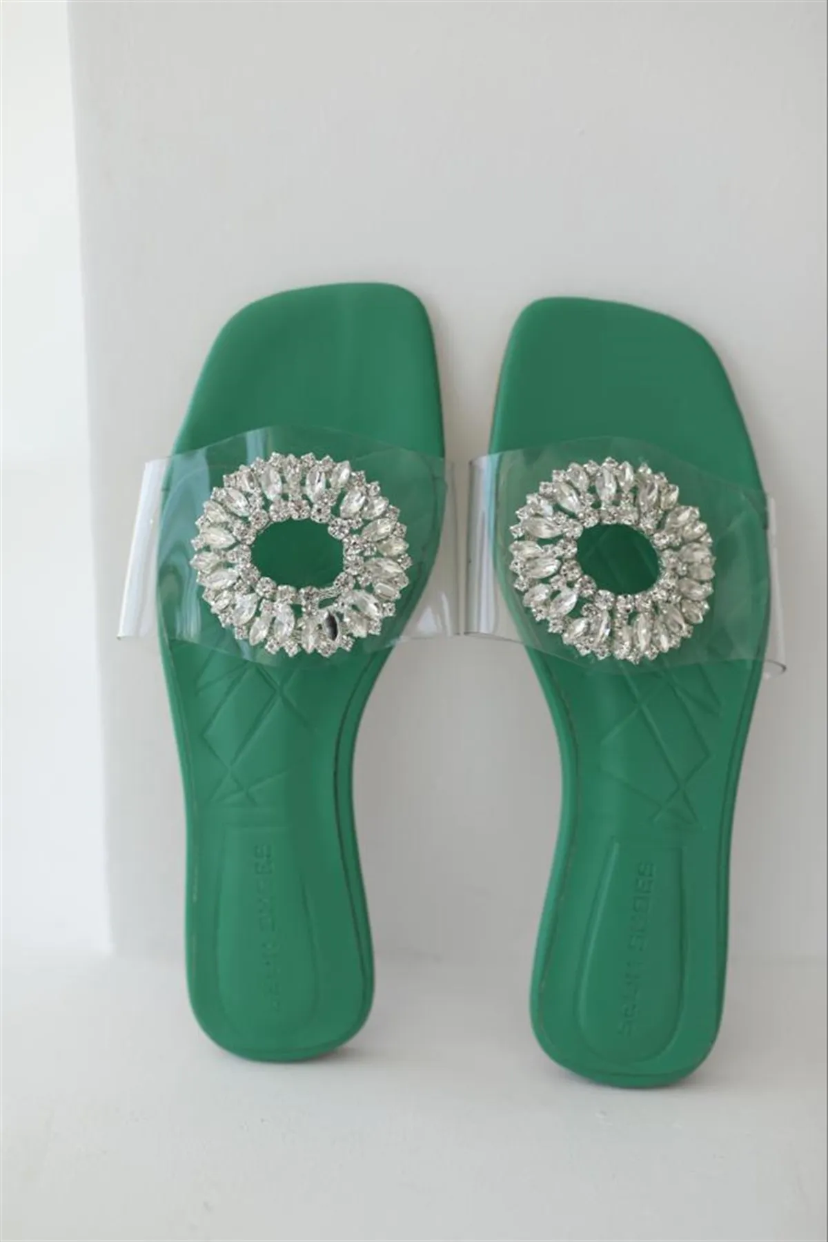 2022 Women's Rhinestones transparent Flat Summer Embellished Squared Toe Flats Lady Fashion Outdoor Slippers Luxury Flat Shoes