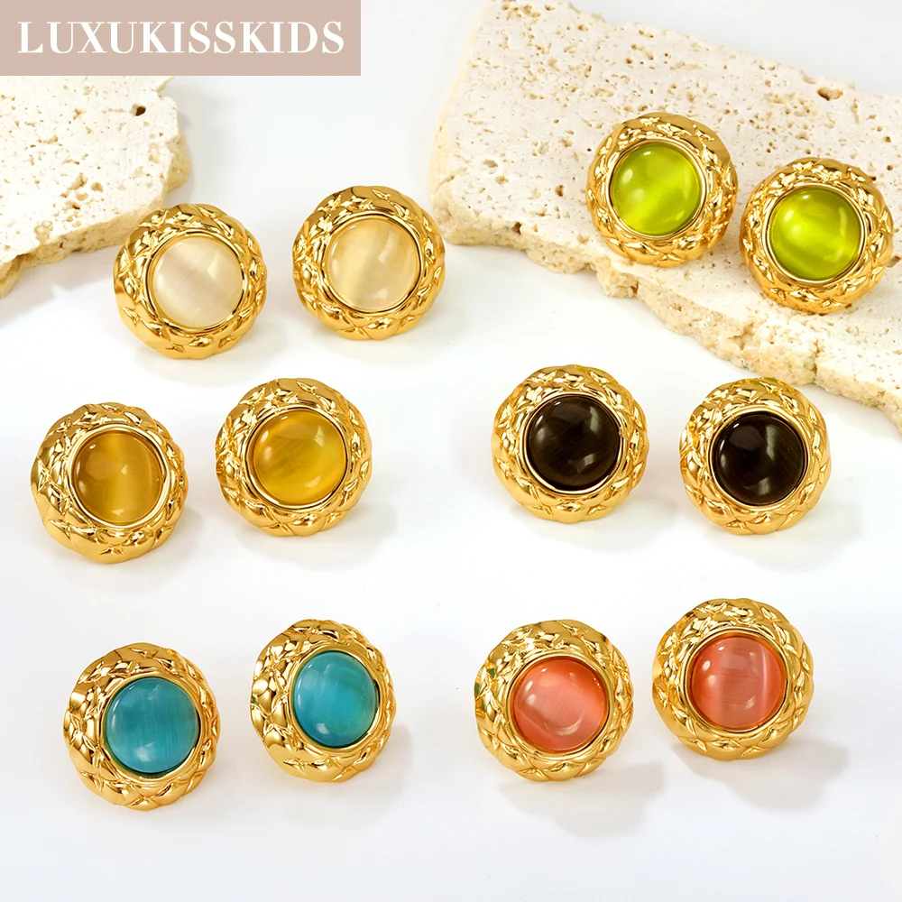 LUXUKISSKIDS винтажные круглые серьги с опалом роскошные сплюснутые серьги-гвоздики