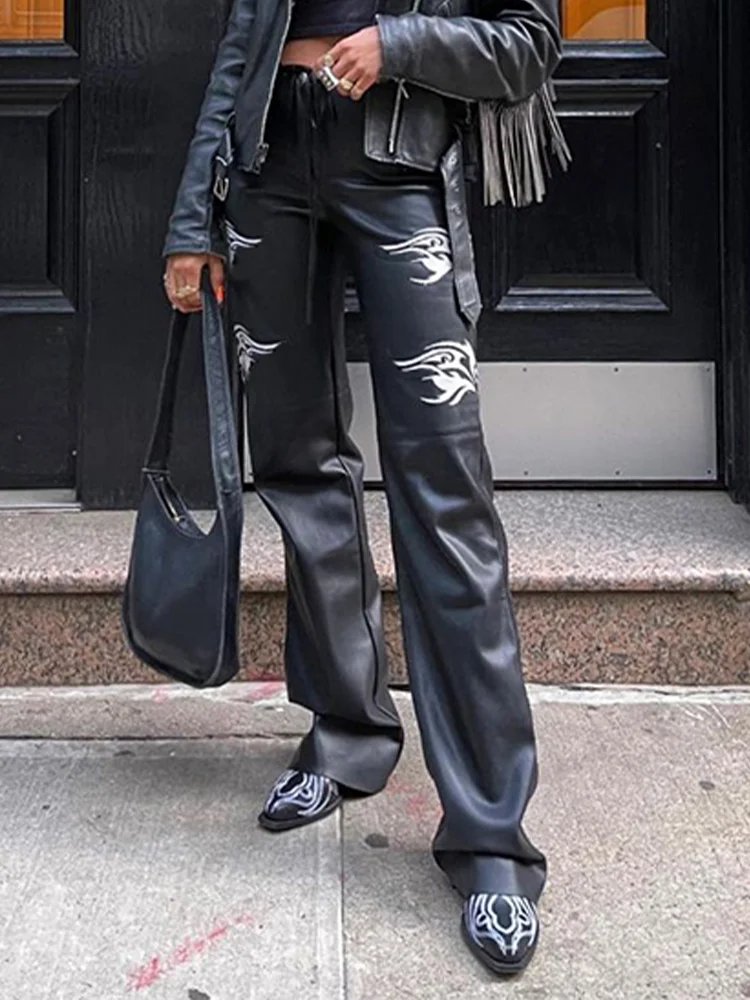 Брюки InsGoth Y2K женские прямые из искусственной кожи уличная одежда в стиле
