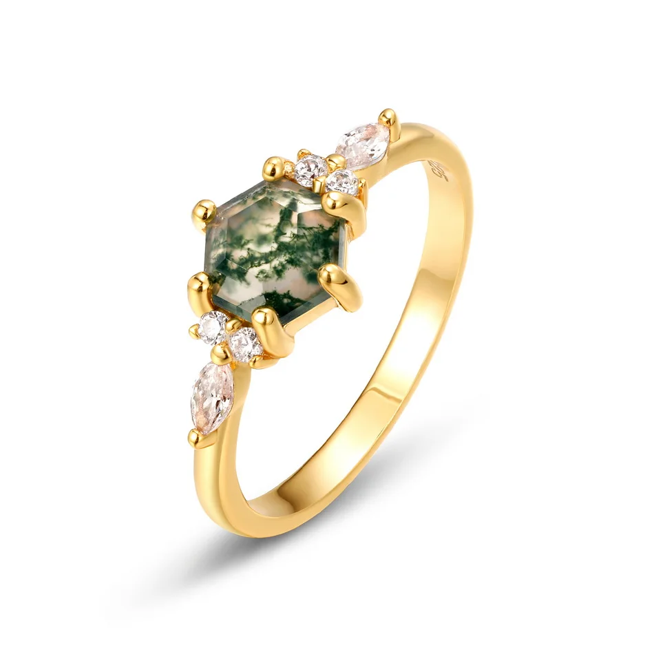 

ALLNOEL Natural 7*7mm Moss Agate 925 Sterling Silver Rings For Women Green Gemstone Gold Plated Engagement Wedding Gifts Jewelry