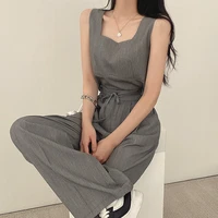 clothland women stylish crop top pants suit sleevelss tank top high waist long pants simple two piece sets mujer tz555