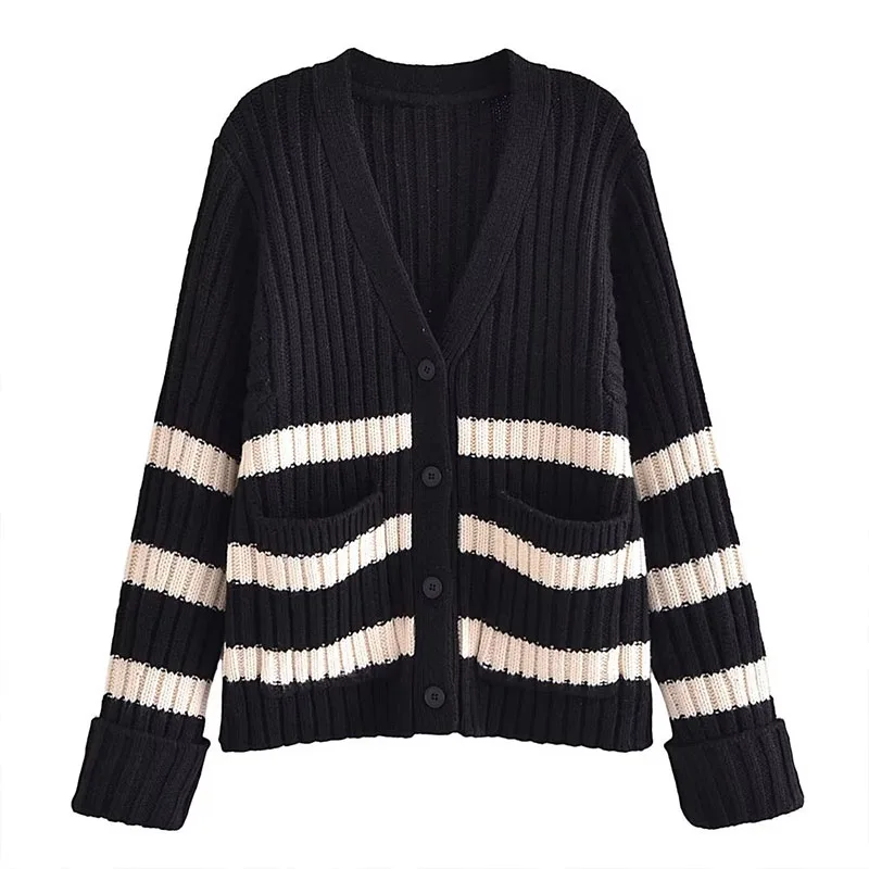 

ZATRHMBM Women 2022 Autumn Fashion Striped Knit Cardigan Coat Vintage Long Sleeve Button Up Elegant Female Sweaters Chic Tops