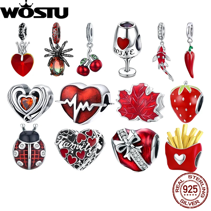 Купи WOSTU 925 Sterling Silver Red Color Beads Heart Fish Ladybug Charms Pendants fit Orignal Bracelet Necklace DIY Jewelry Making за 239 рублей в магазине AliExpress