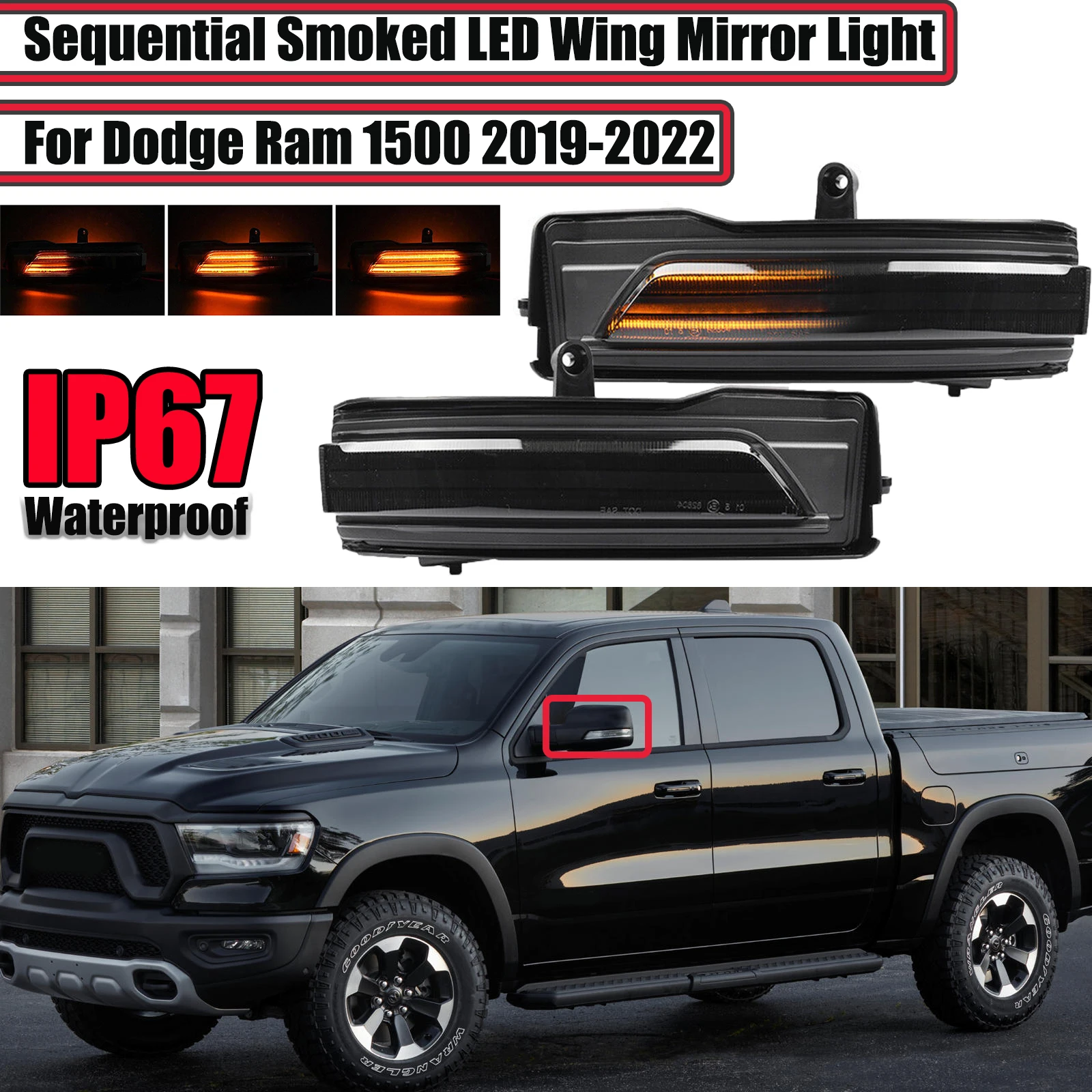 

A pair For Dodge Ram 1500 2019-2022 Pure Amber LED Side Mirror Blinker Lights No Error Sequential Turn Signal Indicator Lamps