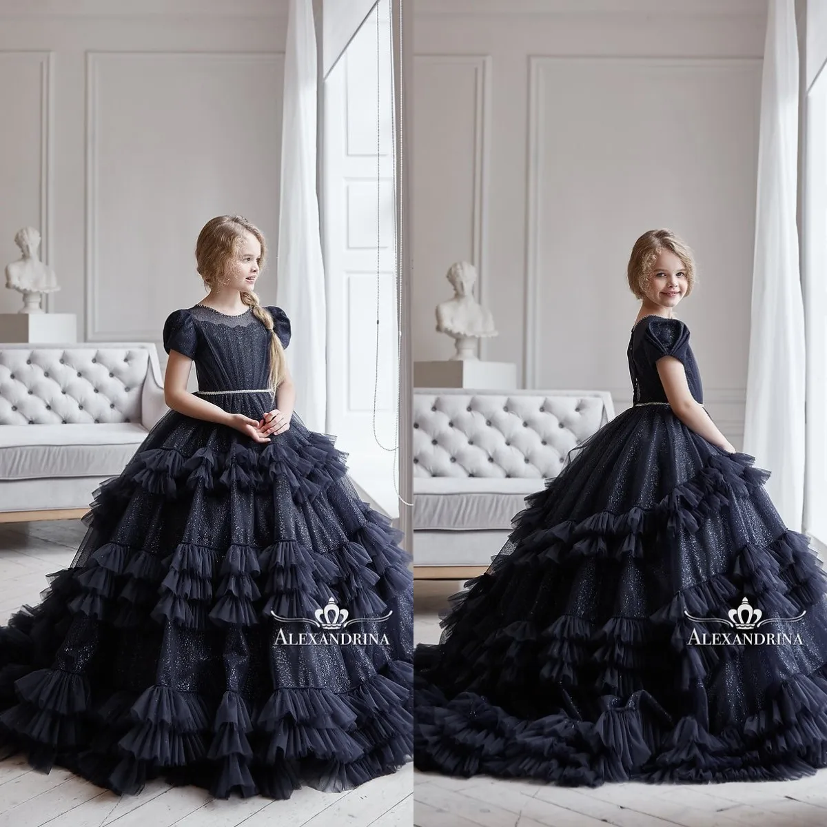 

Black Elegant Tulle Flower Girl Dresses For Wedding Ball Gown Beading Tiered Princess Kids Birthday Party Dress Prom Gown