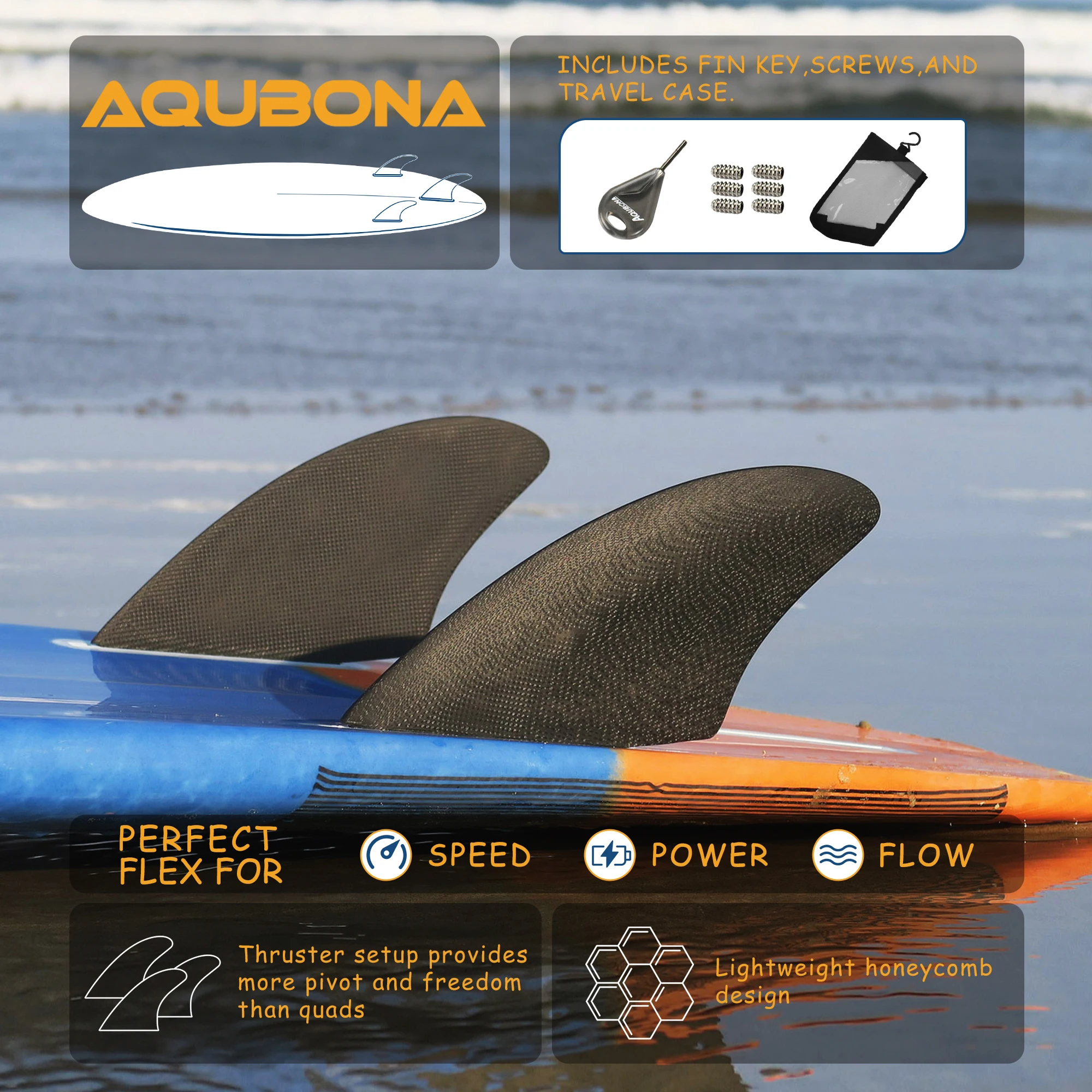 

Surfboard Twin Keel Fins (2 Fins) - Twin Tab or Single Tab Sizes, with Fin Bag, Screws, Fin Key - Fins for Fish Surf Boards