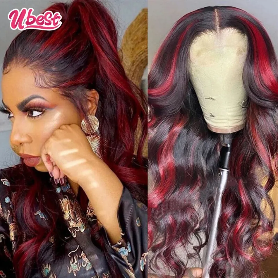 

Highlight Ombre Red Body Wave Lace Front Wigs Pre Plucked Bleached Knots Brazilian 13x6 Lace Frontal Human Hair Wig For Woman