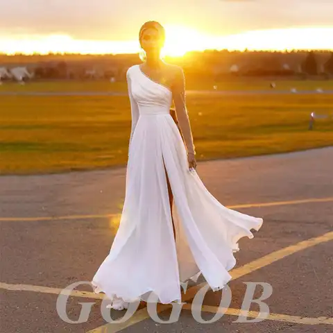 GOGOB Elegant Wedding Dress R080 A-Line Illusion Long Beading Sleeves Scoop Neck High Side Split Chiffon Bridal Gown With Pearl