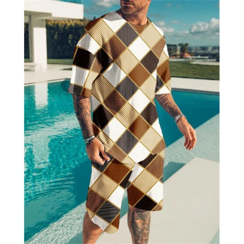 

2022 Men's Fashion Summer T-Shirt + Shorts Set 3D Printed Mesh Cloth Breathable Short Sleeve Shorts Set