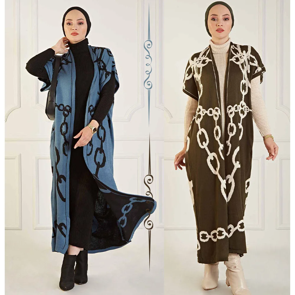 Cotton Knitted Set Dress and Cardigan Winter Women Fashion Elastic Waist Free Size Relax Big Plus Size Muslim Modest Long Dress