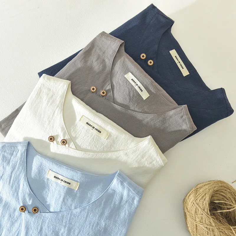 2022 new 100% Cotton Linen Hot Sale Men's short-Sleeved Shirts Summer Solid Color Stand-Up Collar Casual Beach Style Plus Size