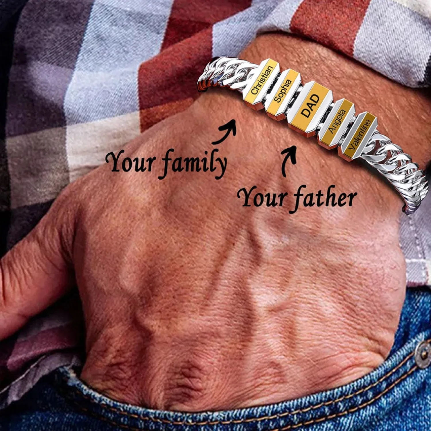 

Cuban Link Men's Bracelet With Personalized Beads Custom Engraving Names Bangle Stainless Steel Jewelry Father's Day Gift