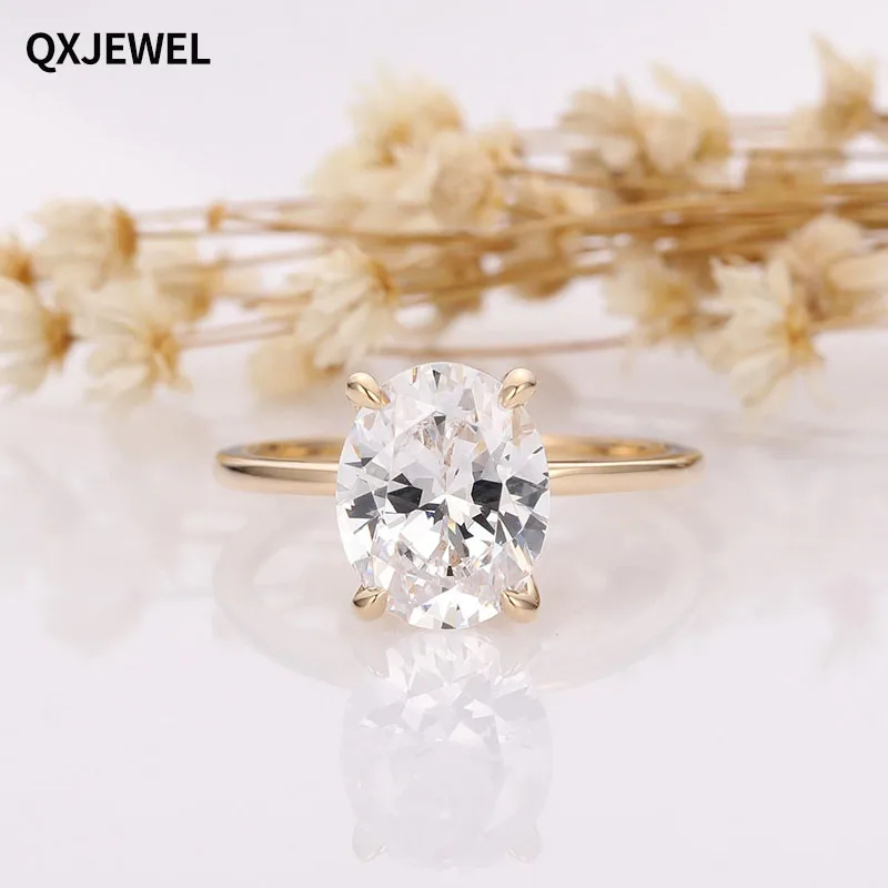 QXJEWEL Colorless 8x10mm 3CT 14K Gold Oval Solitaire Moissanite vvs1 Diamond Wedding Anniversary Ring for Gift Women