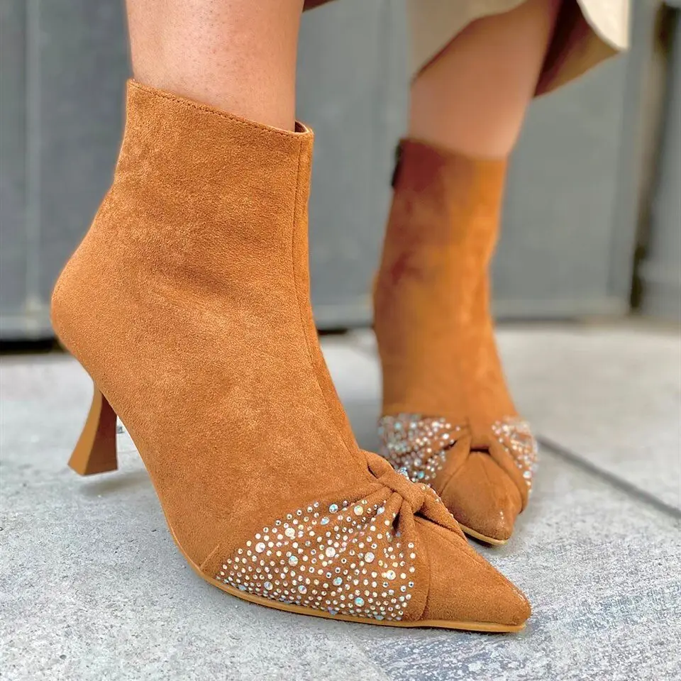 Closed Pointy Toe Stiletto High Heels Suede Ankle Boots Stone Embroidered Sexy Ladies Zip V Shape Booties 2022 Winter Autumn