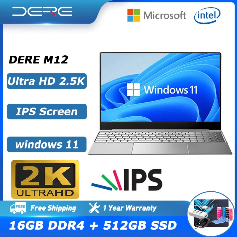Dere M12 Laptop 15.6'' 16GB RAM 512GB SSD IPS 2K Office Computer Intel Celeron N5095 with Fingerprint Unlock Windows 11 Notebook