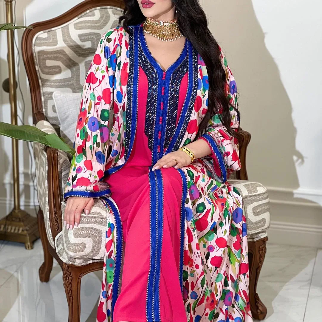 Sequins Embroidered Dubai Abaya Dress For Women Moroccan Kaftan Turkey Arabic Jalabiya 2-pieces Islamic Ethnic Robe 2023 Eid New