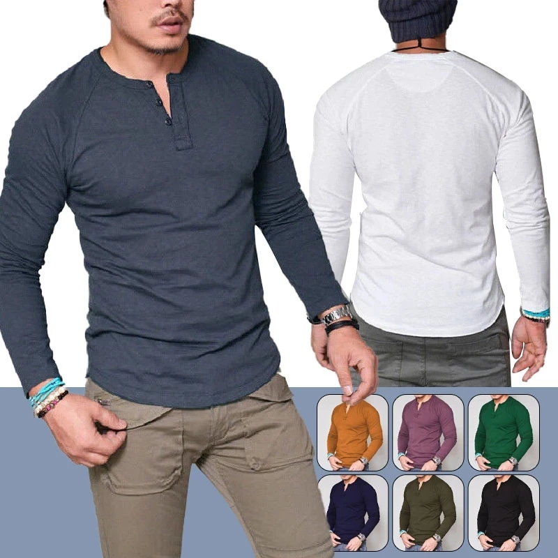 

Camisetas informales de manga larga para hombre, Camisa de algodón de Color sólido con estilo, ajustada, con botones, blusa, cam