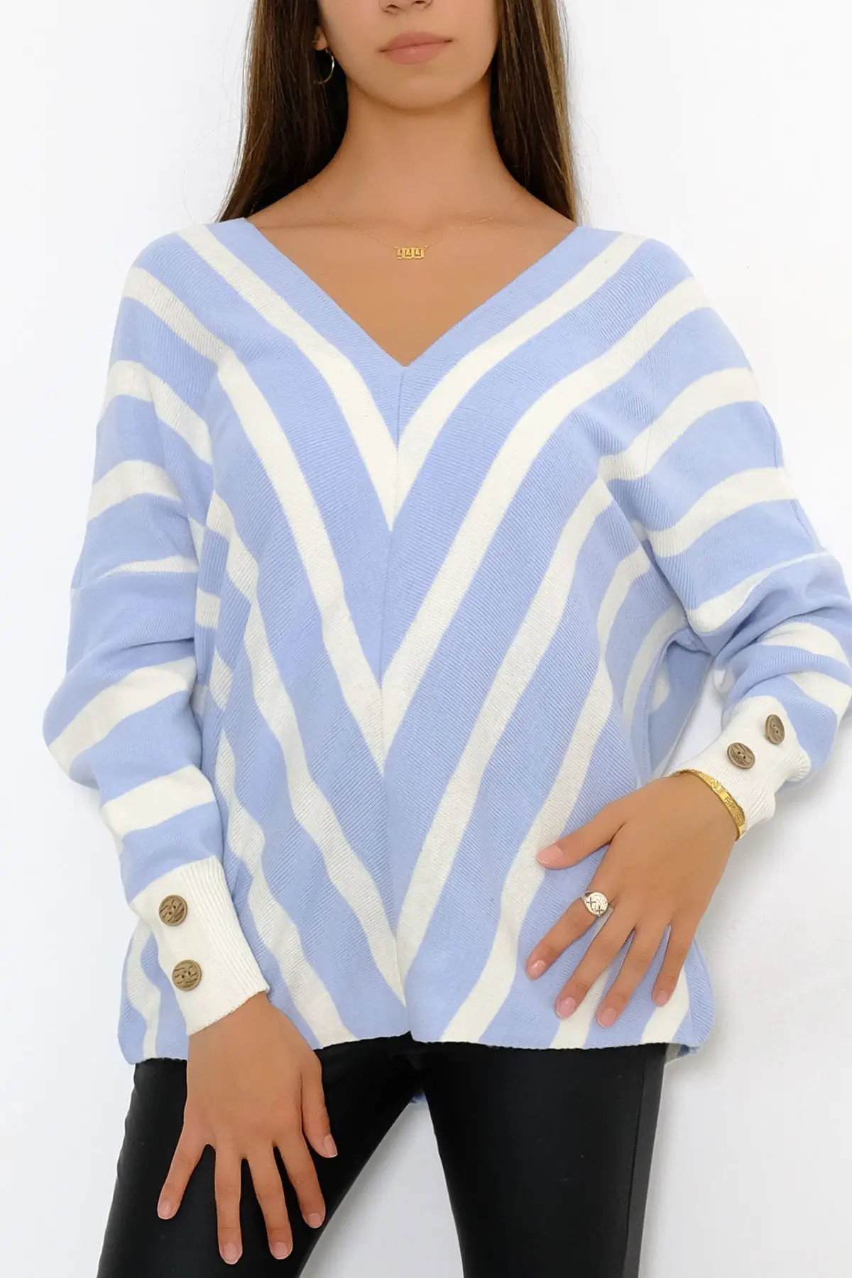 

Women's Blue 70 Acrylic 30 Wool Lycra Long Sleeve V collar Tip Button Knitwear Sweater New Season Free kargo