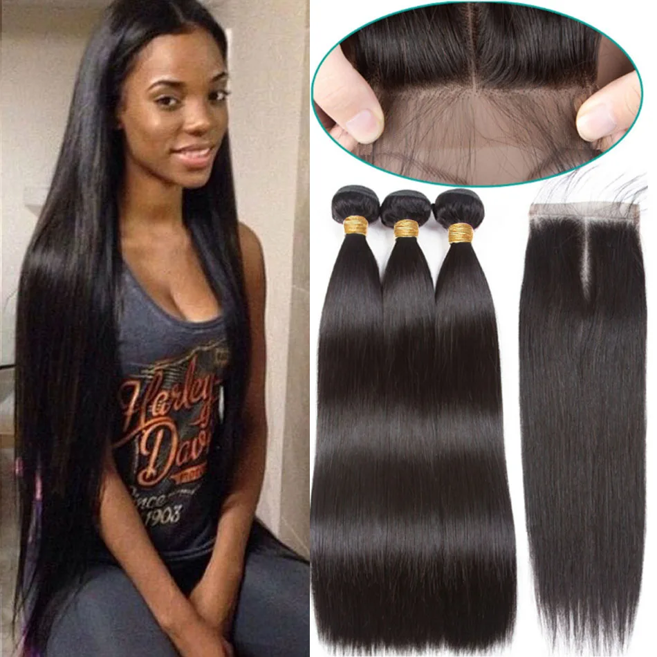 

Human Hair Bundles With Lace Closure 12A Bone Straight Hair 3 Bundles With 4*4 Closure Brazilian Hair Weave Extension Wholesale